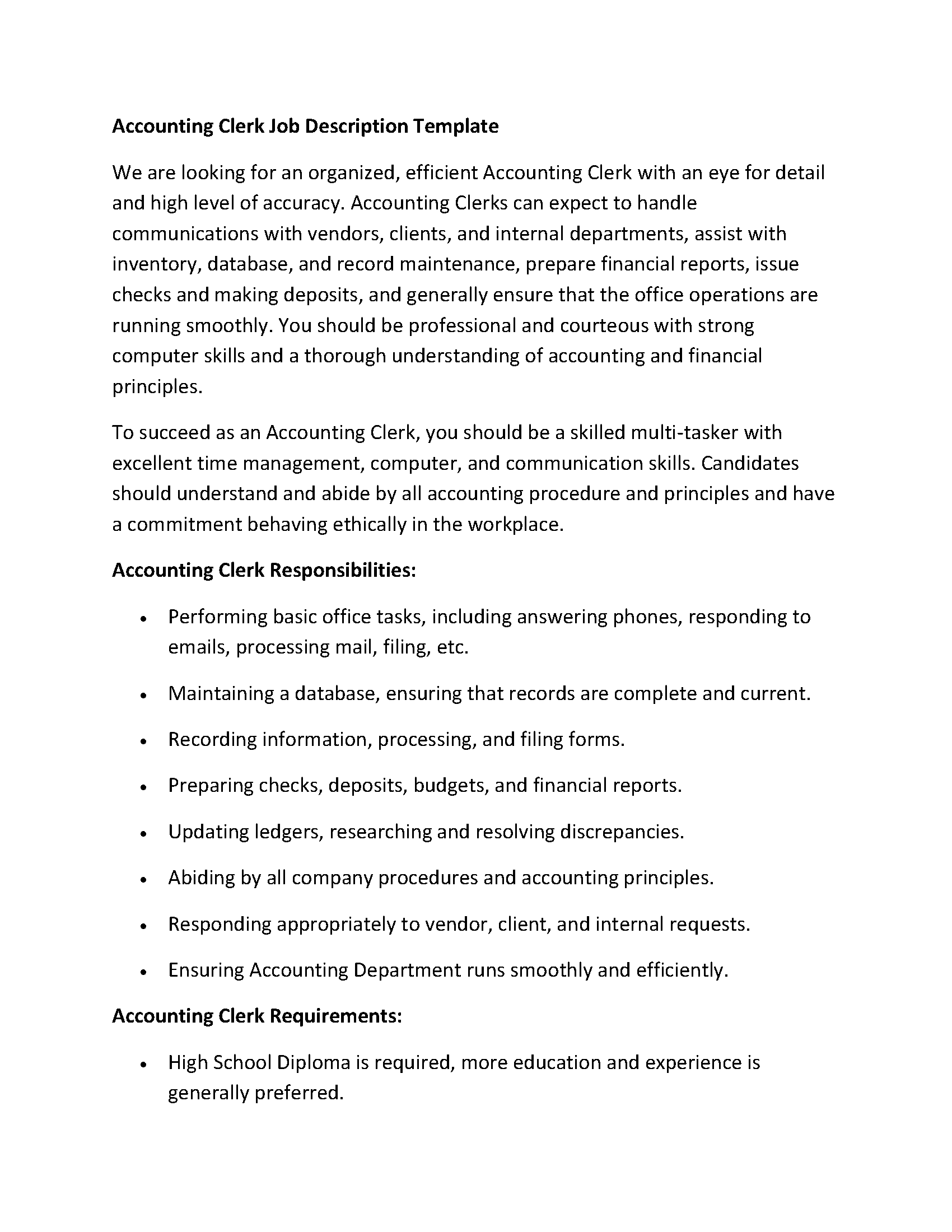 Accounting Clerk Job Description Template